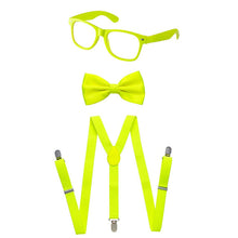 Load image into Gallery viewer, Adults/Teens Neon Suspender, Bowtie, &amp; Glasses Accessory Set

