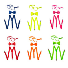 Load image into Gallery viewer, Kids Neon Suspender, Bowtie, &amp; Glasses Accessory Set
